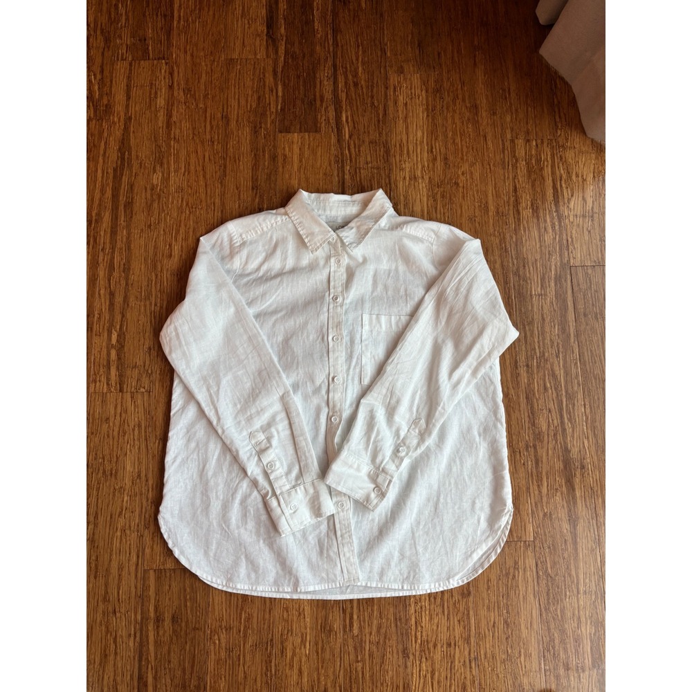 LOFT Womens White Linen Button Down Long Sleeve Shirt Pocket Top